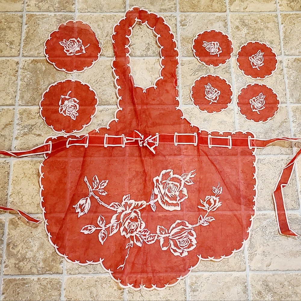 Vintage Red Organdy Full Apron Flocked Floral